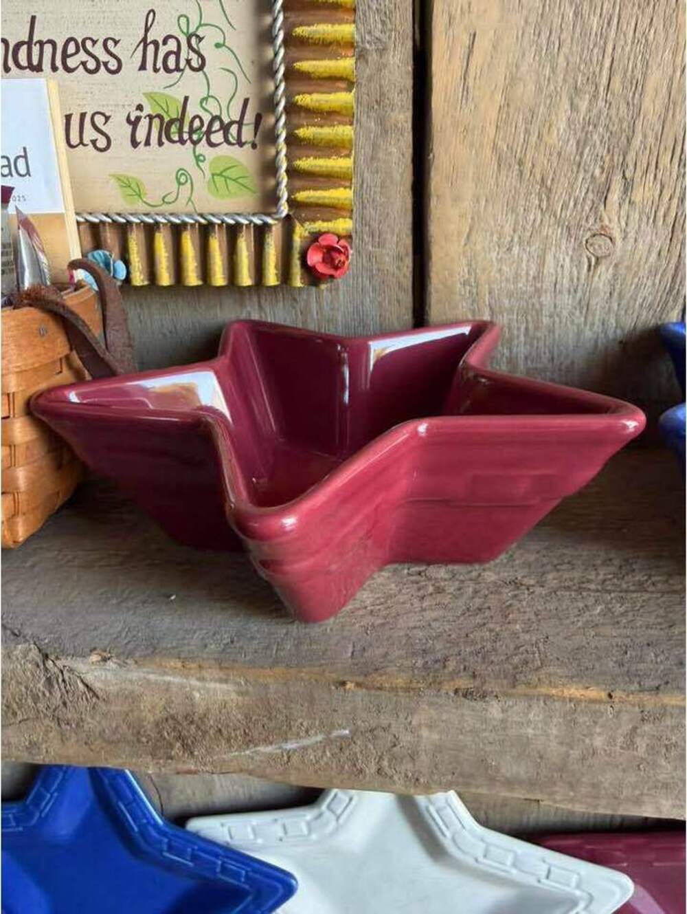 Longaberger Pottery Woven Traditions Star Dish in the Paprika (Burgundy) color.